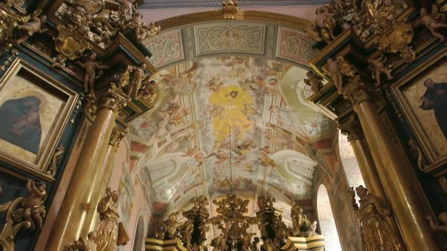 Bernardine church in Lviv, frescoes. Beautiful religious building interior.