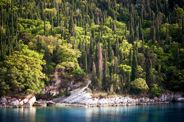 The beautiful azure waters of the Ionian Sea and Mediterranean cypress trees at Foki Bay near Fiskardo on the east coast of the Greek island of Kefalonia.