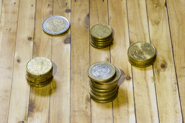 Euro coins on a wooden pallet background