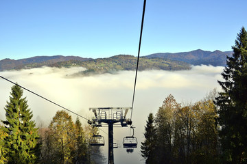 Ski lift in the fog