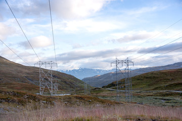 Hydro electric power lines crossing mountainn