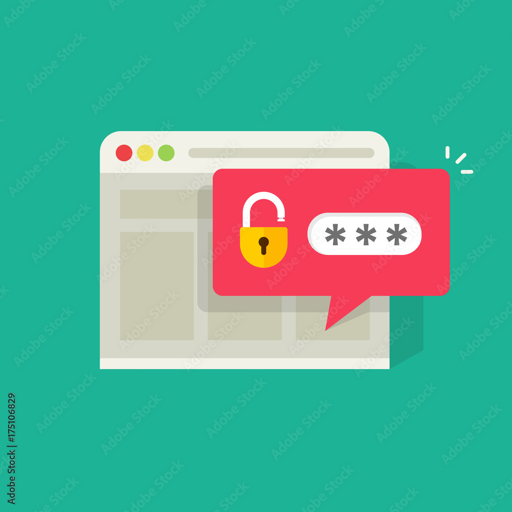 Poster password notification bubble with open lock in browser widow vector illustration, flat carton style 