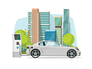 Electric car charging from charger station near city vector illustration, concept of eco city with modern automobile, flat cartoon style