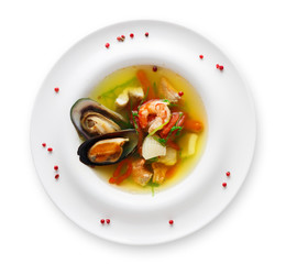 French seafood soup plate isolated on white