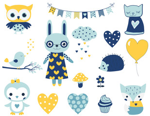 Set of cute vector characters for baby boy showers, birthdays and party designs. Fun animals and elements in flat style in blue and yellow colors.