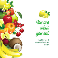 Vector frame of  different fruits with leaves and flowers