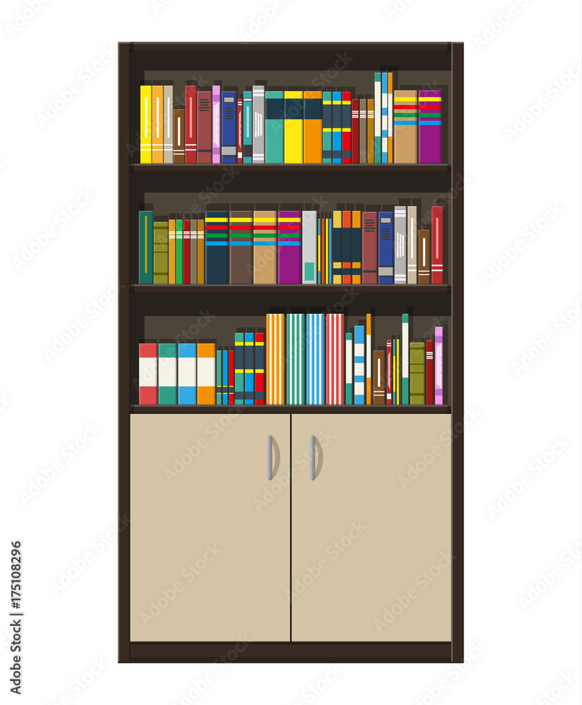 Poster library book shelf. bookcase with different books.