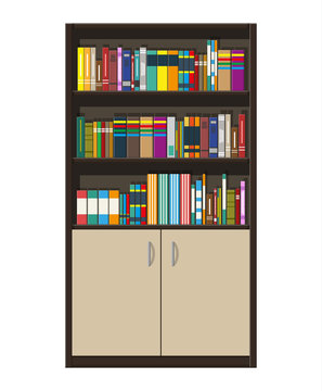 Library book shelf. Bookcase with different books.