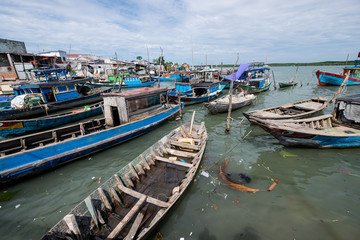 Fototapeta na wymiar Scenery of the sea from a harbour in Can Gio, Vietnam. Can Gio is a small and peaceful town near Ho Chi Minh city, located in South of Vietnam, Can Gio is famous for its landscape view and seafood