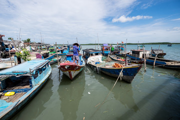 Fototapeta na wymiar Scenery of the sea from a harbour in Can Gio, Vietnam. Can Gio is a small and peaceful town near Ho Chi Minh city, located in South of Vietnam, Can Gio is famous for its landscape view and seafood