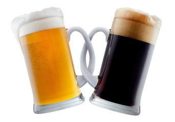 Two beer mugs being attached to each other and making toast. Friendship or oktoberfest concept isolated on white background