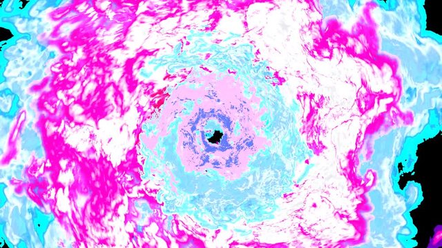 Animated simulated freezing Hurricane or other related weather anomaly or other natural or unnatural phenomenon. View from top or satellite, no real world data used. black background, mask included.