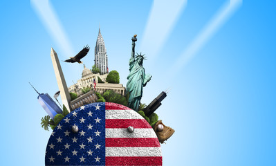 USA, icon with American flag and sights on a blue background - 175110649