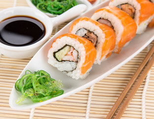 Japanese sushi set on white background.