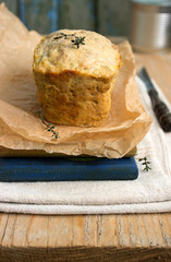 Meat bread from ground meat with herbs and eggs. Traditional Moldovan and Romanian festive snack. Rustic style, selective focus.