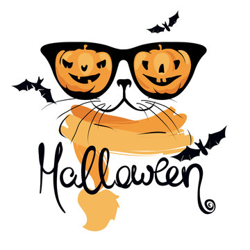 Cat with funny pumpkin glasses / Funny halloween illustration, postcard, invitation