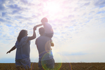 Fototapeta premium Happy family. Back view on the sunset.
