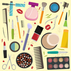 Fototapeta na wymiar set of different cosmetics and makeup accessories