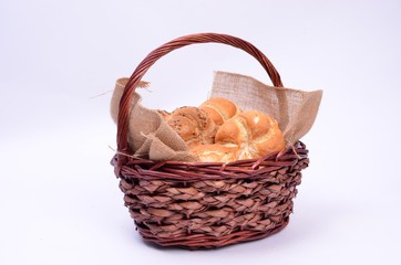 bread, croissant, croissant, board, green, hay, sesame, breakfast, lunch, dinner, basket, sack, white background