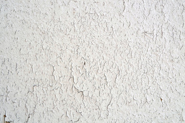 Surface of the old wall covered with cracked white paint. Cracks all over the surface