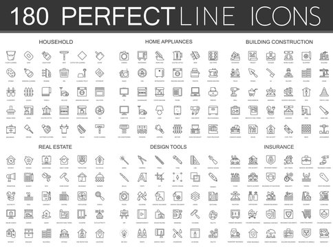 180 modern thin line icons set of household, home appliances, building construction, real estate, design tools, insurance.