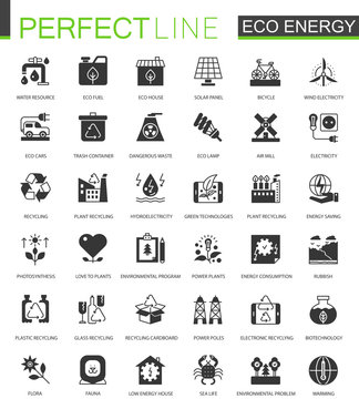 Black classic eco renewable energy. Green technology icons set.
