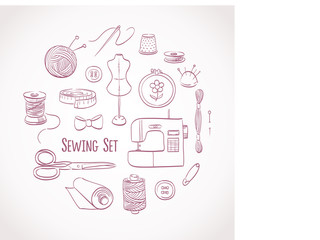 Sewing set. Kit for needlework and embroidery. Illustration with needle, thread, scissors, buttons, pin, spool, thimble, machine, mannequin.