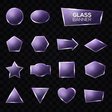 Glass plates set. Triangle, square, rectangle, hexagon, pentagon, star, heart, circle textured frames with glow and light on transparent background. Technology shapes. Realistic vector illustration.