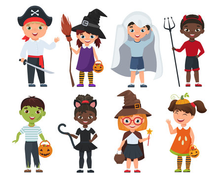 Cute Halloween kids set. Cartoon vector illustration