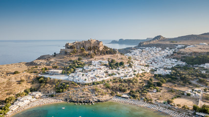 Aerial View of historic Village Lindos on Rhodes Greece Island - obrazy, fototapety, plakaty