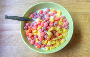 Bowl of breakfast cereal with a spoon