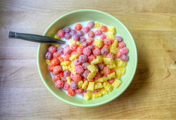 Bowl of breakfast cereal with a spoon