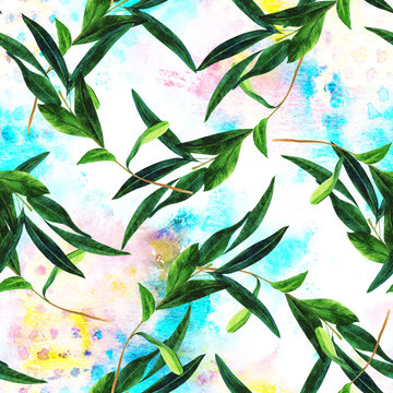 Seamless pattern with watercolor olive branch and brushstrokes