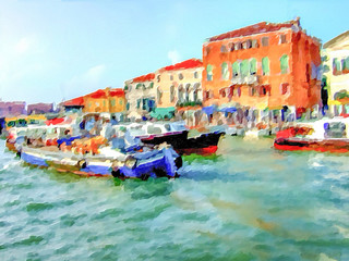 Impressionism Style Oil Painting; The Landscape View of Canal and City in Venice, Italy