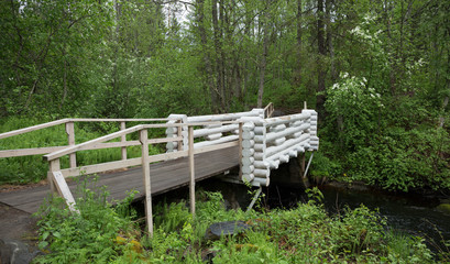 Fototapeta na wymiar Wooden bridge across the river