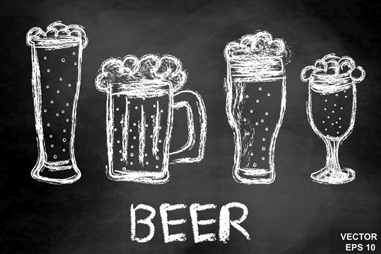 Mugs of beer on a chalkboard. Drawing. Hatch. Dark. For your design.