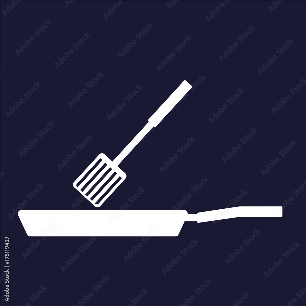 Poster vector image of frying pan and scapula.vector white icon on dark blue background.
