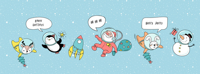 Merry Christmas - Cosmic Xmas, space winter illustrations, Santa, Penguin, Deer, Fox and space ship