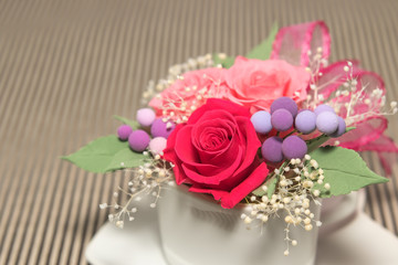 A Gift of Preservrd Flower and Clay Flower Arrangement, Pink and Red Roses
