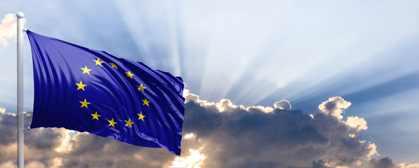 Europe flag on blue sky. 3d illustration