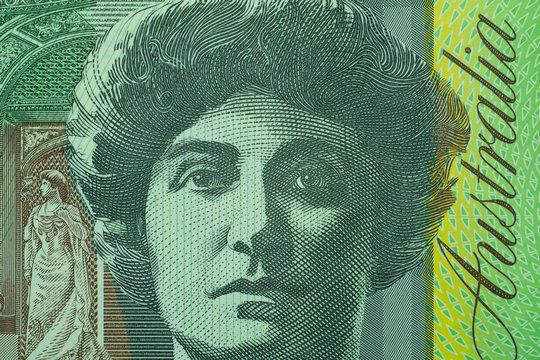 Close up on Australian dollar banknotes. Portrait of Nellie Melba on 100AUD banknotes. Shooting by 1:1 Macro lense for detail of Face, number etc. on banknotes.