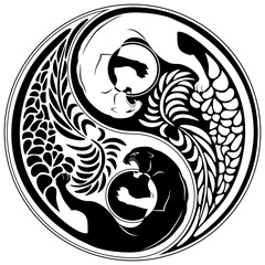 Naklejka premium Yin Yang Wild Cat Black and White Tattoo Style
