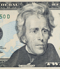 Close up on US dollar banknotes.  Portrait of Jackson on US dollar Banknotes. Shooting by 1:1 Macro lense.