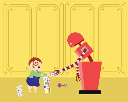 Domestic Robot and little kid playing with alphabet blocks. Personal robot childcare futuristic concept illustration vector.
