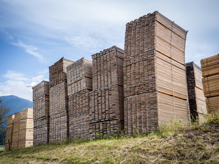 View wood planks stacked in huge piles in sawmill factory. 