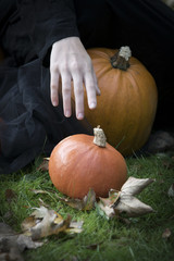 The hand of a witch in a black dress enchants a pumpkin.