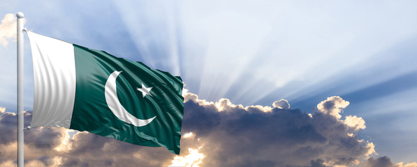 Pakistan flag on blue sky. 3d illustration - obrazy, fototapety, plakaty