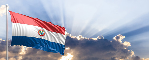 Paraguay flag on blue sky. 3d illustration - obrazy, fototapety, plakaty