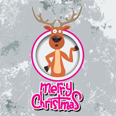 Fototapeta premium Christmas reindeer pointing at something in a circle. Merry christmas calligraphy. Old paper and Grunge effect with carving style Vector.
