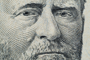 Close up on US dollar banknotes.  Portrait of Grant on US dollar Banknotes. Shooting by 1:1 Macro lense.